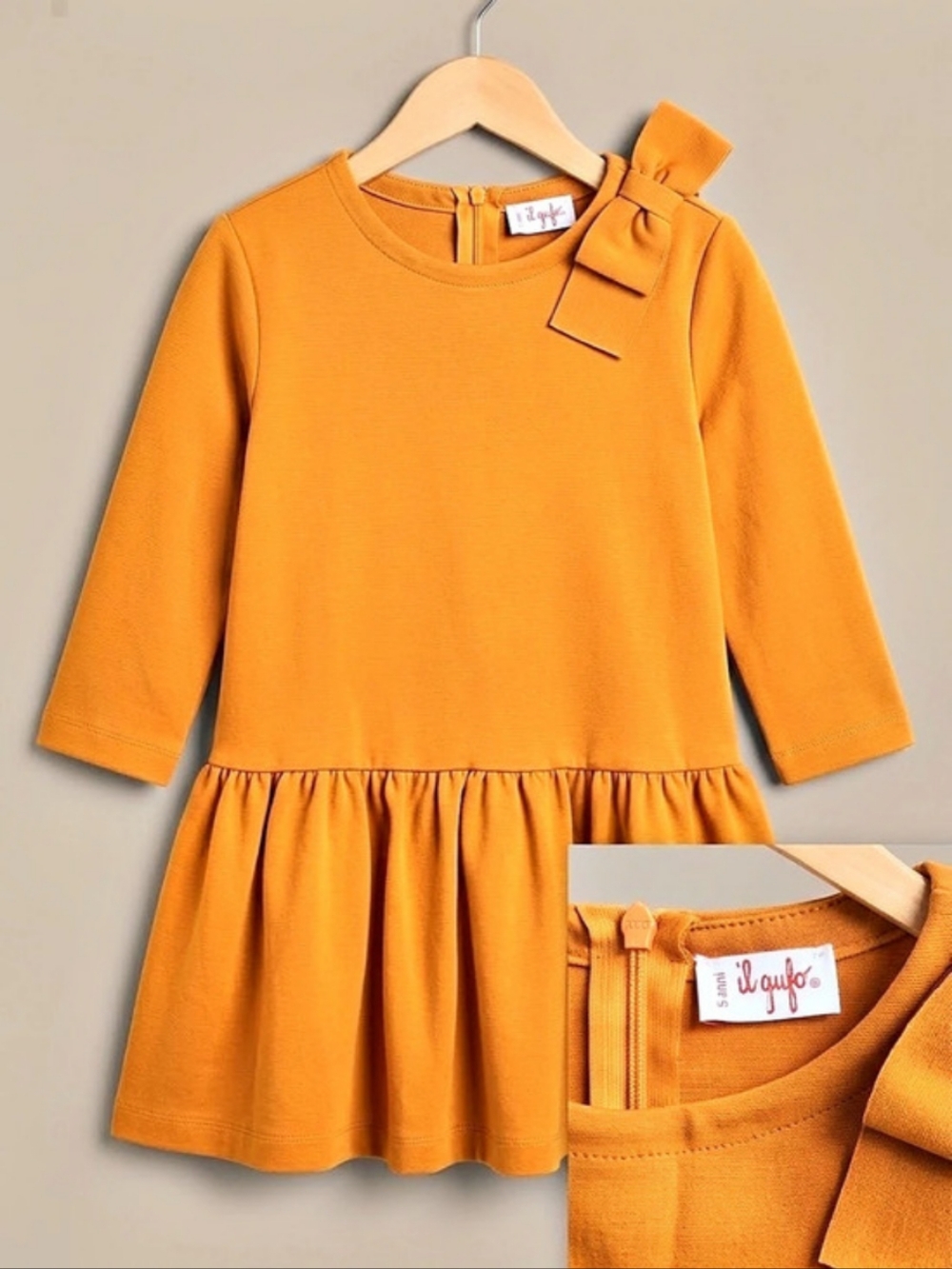 il Gufo Girls Long Sleeve Orange Dress w/ Accent Bow, Size 5, EPRELC